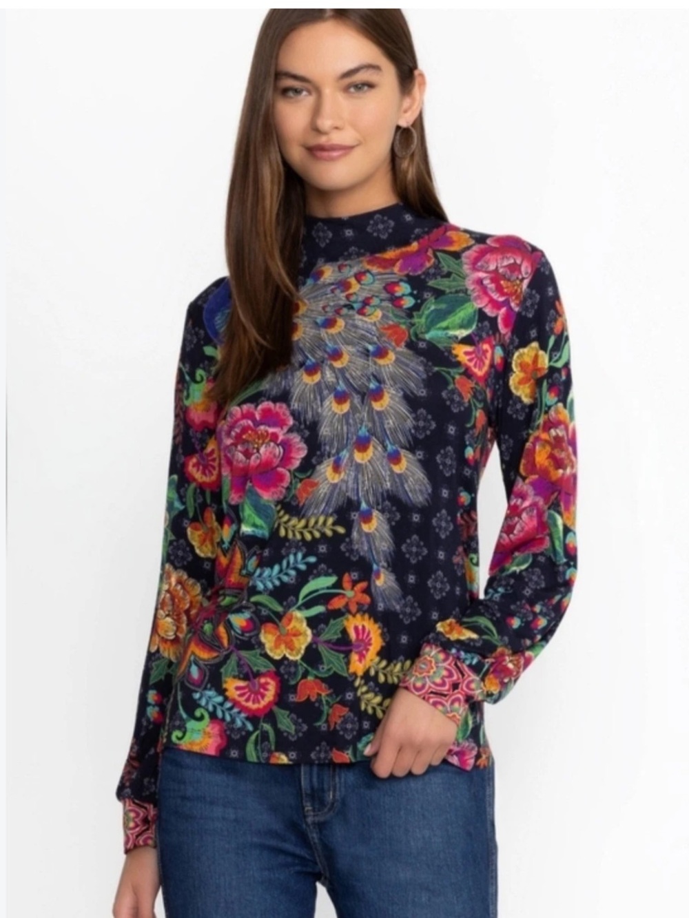 Johnny Was Navy Floral & Peacock-Print Mock Neck Top